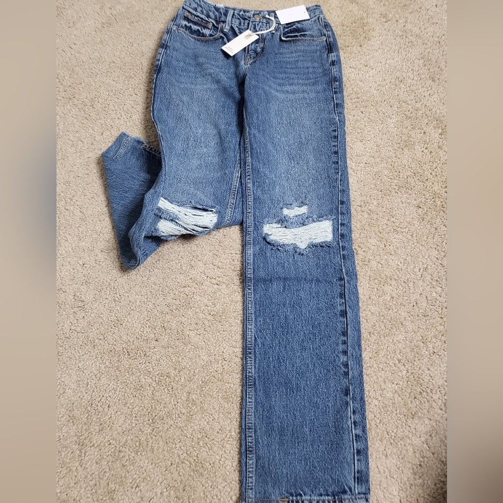 NWT Good American Good 90s Slim Ripped Knee Straight Jeans in Indigo - Picture 10 of 14